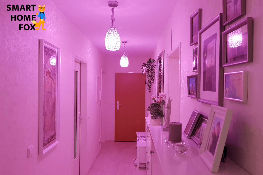 Man sieht den Flur, welcher dank der Philips Hue Lampen bunt ausgeleuchtet wird.